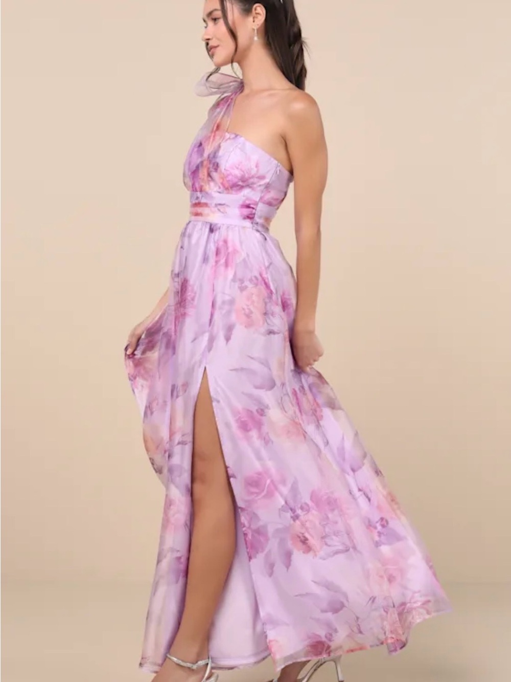 Lulu's Lavender Floral One-Shoulder Gown with Side Slit - Picture 4 of 7